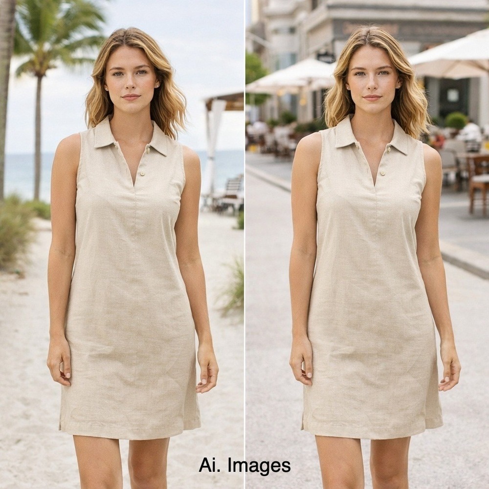Dockers Linen‎ Blend Shift Shirt Dress Sz. Sm. Sleeveless Collared Khaki Coastal